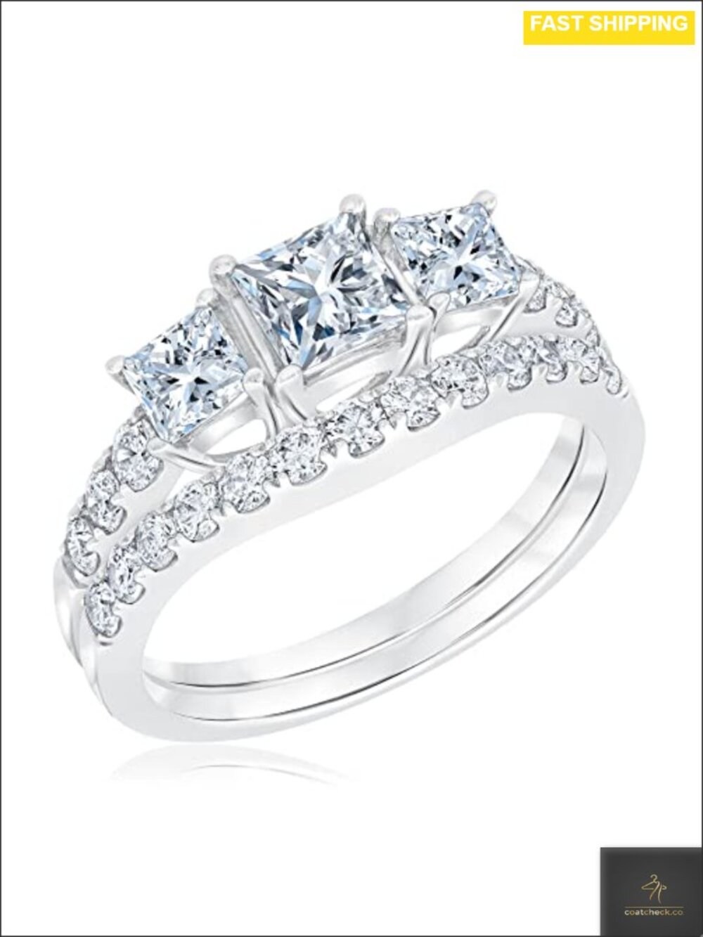 Moissanite Bridal Set Platinum Plated Silver 3 Stone Princess Cut Rings